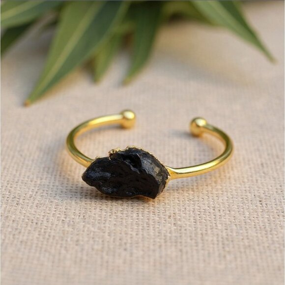 Black Tourmaline Wire Wrap Cuff – 14Kt Gold Over Copper – Grounding Talisman - Picture 1 of 11